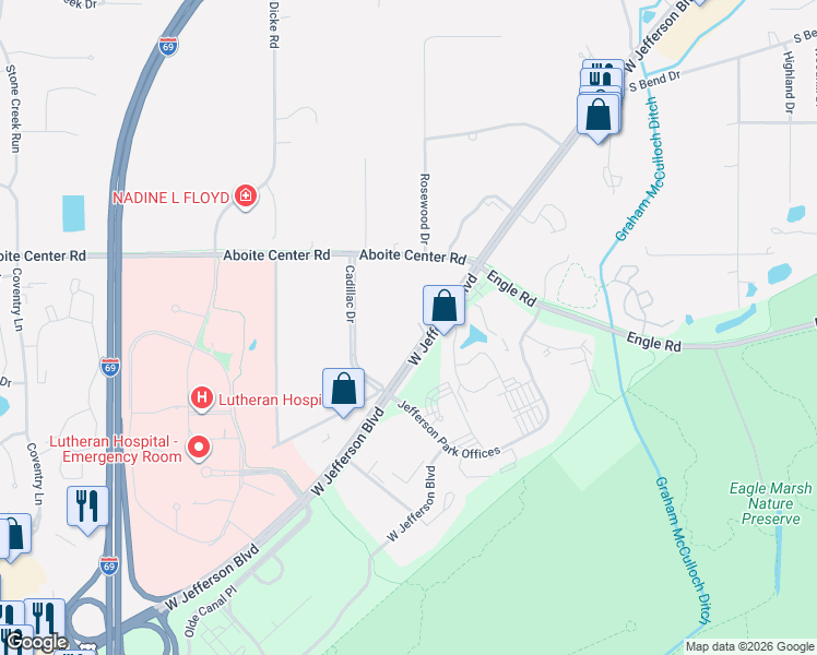 map of restaurants, bars, coffee shops, grocery stores, and more near 7526 West Jefferson Boulevard in Fort Wayne