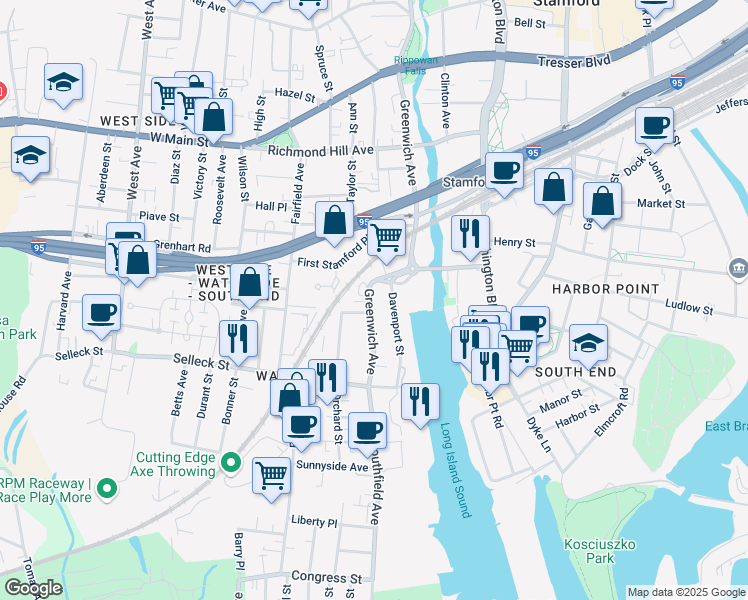map of restaurants, bars, coffee shops, grocery stores, and more near 248 Greenwich Avenue in Stamford