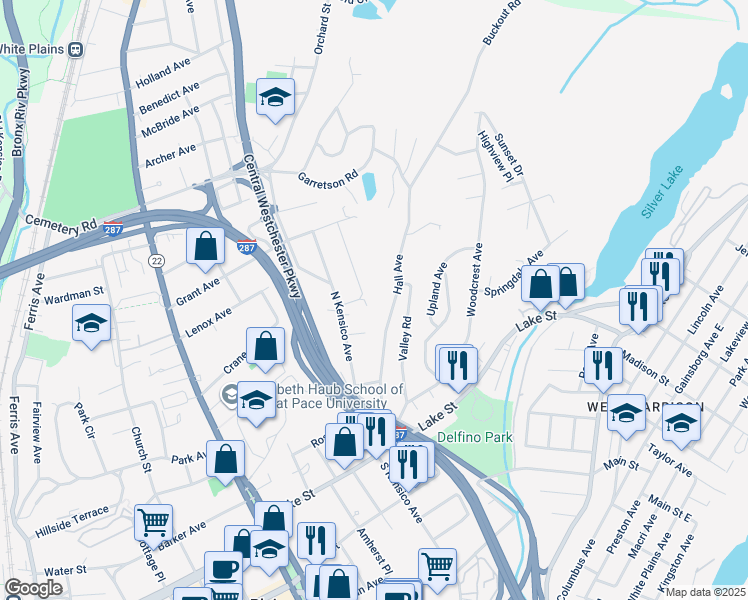 map of restaurants, bars, coffee shops, grocery stores, and more near 4 Mount Morris Avenue in White Plains
