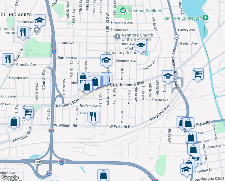 map of restaurants, bars, coffee shops, grocery stores, and more near 2222 12th Street Southwest in Akron