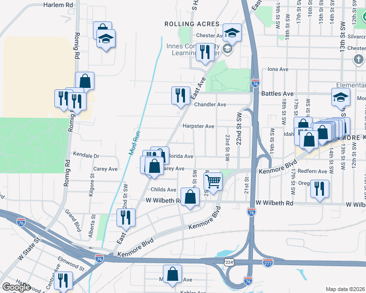 map of restaurants, bars, coffee shops, grocery stores, and more near 1228 Louisiana Ave in Akron