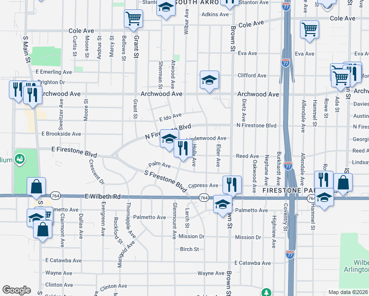 map of restaurants, bars, coffee shops, grocery stores, and more near 1469 Aster Avenue in Akron