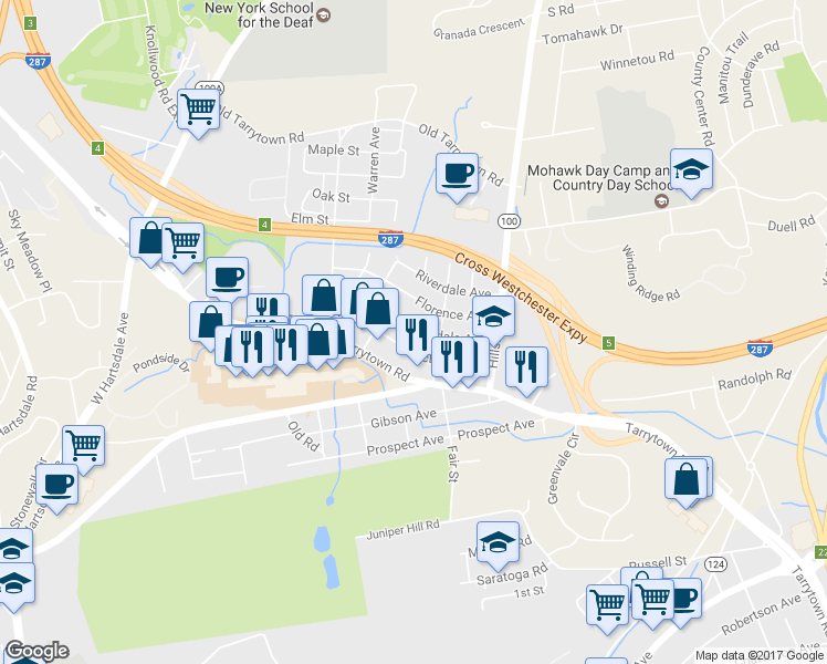 map of restaurants, bars, coffee shops, grocery stores, and more near 71 Longdale Avenue in White Plains