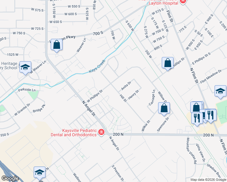 map of restaurants, bars, coffee shops, grocery stores, and more near 2011 Hill Street in Kaysville