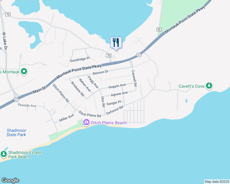 map of restaurants, bars, coffee shops, grocery stores, and more near 36 Agnew Avenue in Montauk