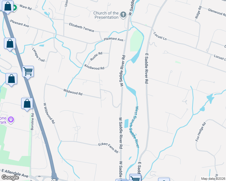 map of restaurants, bars, coffee shops, grocery stores, and more near 11 Old Acres Road in Saddle River