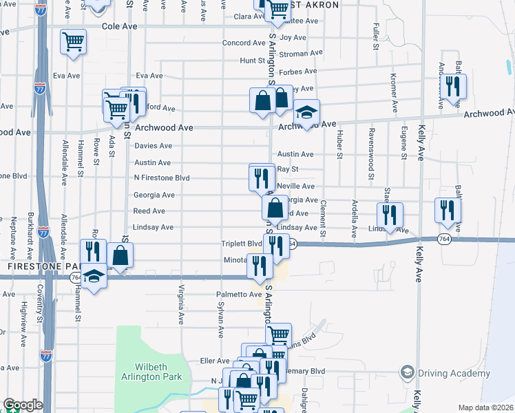 map of restaurants, bars, coffee shops, grocery stores, and more near 971 Reed Avenue in Akron