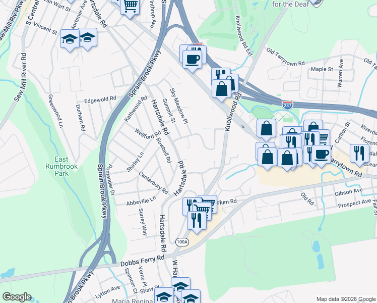 map of restaurants, bars, coffee shops, grocery stores, and more near 16 Francine Court in White Plains