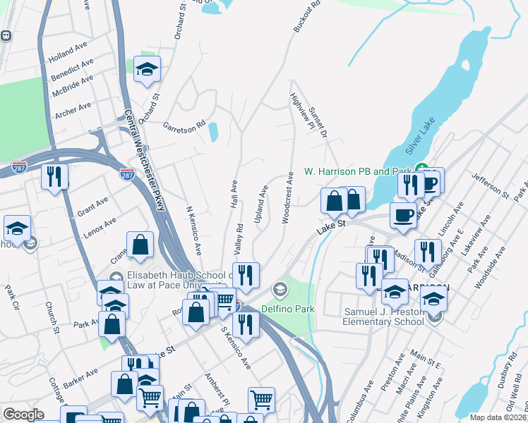 map of restaurants, bars, coffee shops, grocery stores, and more near 12 Upland Terrace in White Plains