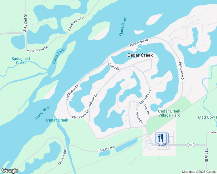 map of restaurants, bars, coffee shops, grocery stores, and more near 2067 Sunset Drive in Cedar Creek