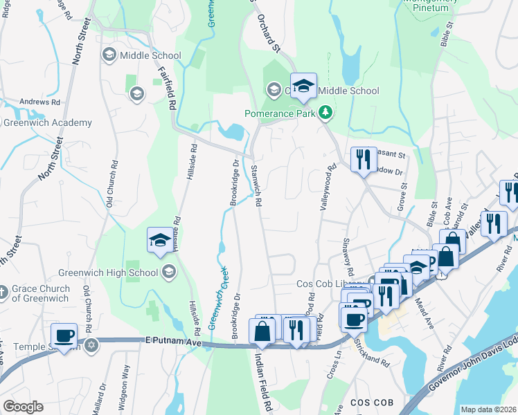 map of restaurants, bars, coffee shops, grocery stores, and more near 44 Stanwich Road in Greenwich