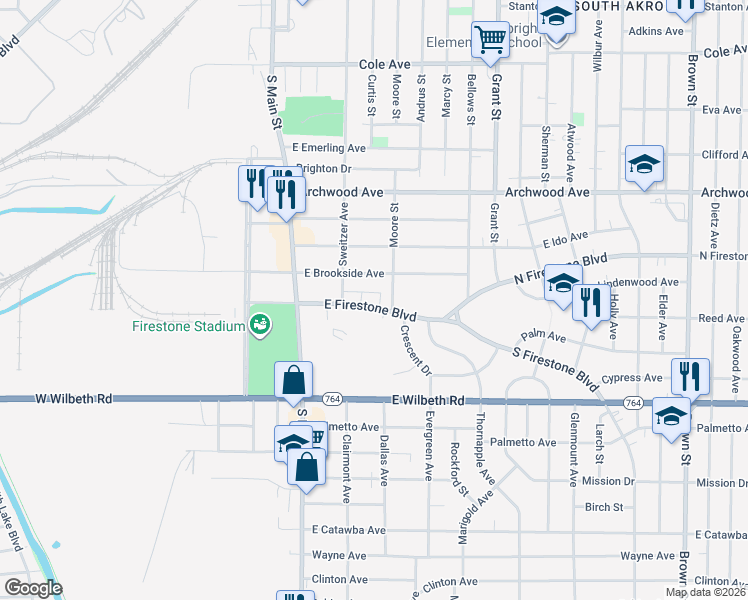 map of restaurants, bars, coffee shops, grocery stores, and more near 87 East Firestone Boulevard in Akron