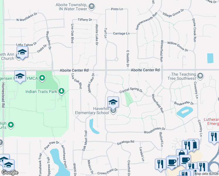 map of restaurants, bars, coffee shops, grocery stores, and more near 9636 Crystal Spring Drive in Fort Wayne
