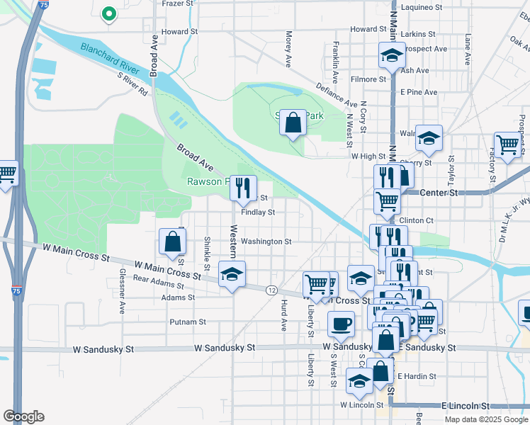 map of restaurants, bars, coffee shops, grocery stores, and more near 525 Findlay St in Findlay
