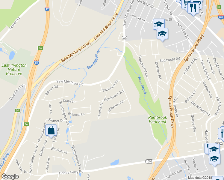 map of restaurants, bars, coffee shops, grocery stores, and more near 64 Parkview Road in Elmsford