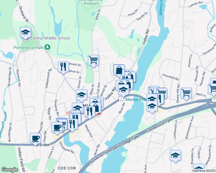map of restaurants, bars, coffee shops, grocery stores, and more near 56 Valley Road in Greenwich