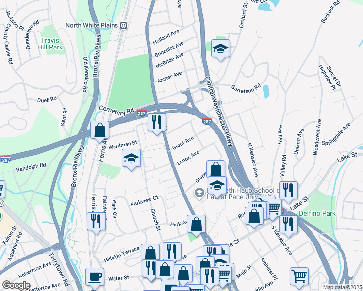map of restaurants, bars, coffee shops, grocery stores, and more near 23 Grant Avenue in White Plains