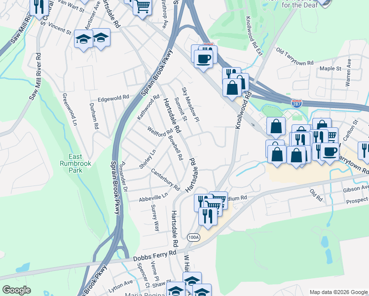 map of restaurants, bars, coffee shops, grocery stores, and more near 16 Francine Court in White Plains