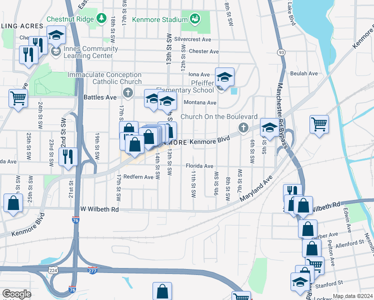 map of restaurants, bars, coffee shops, grocery stores, and more near 2222 12th Street Southwest in Akron
