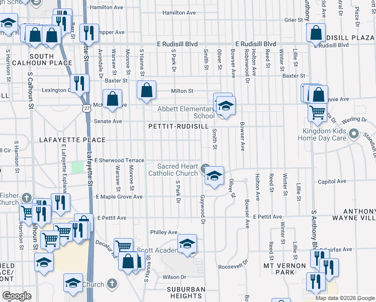 map of restaurants, bars, coffee shops, grocery stores, and more near 4529 Spatz Avenue in Fort Wayne