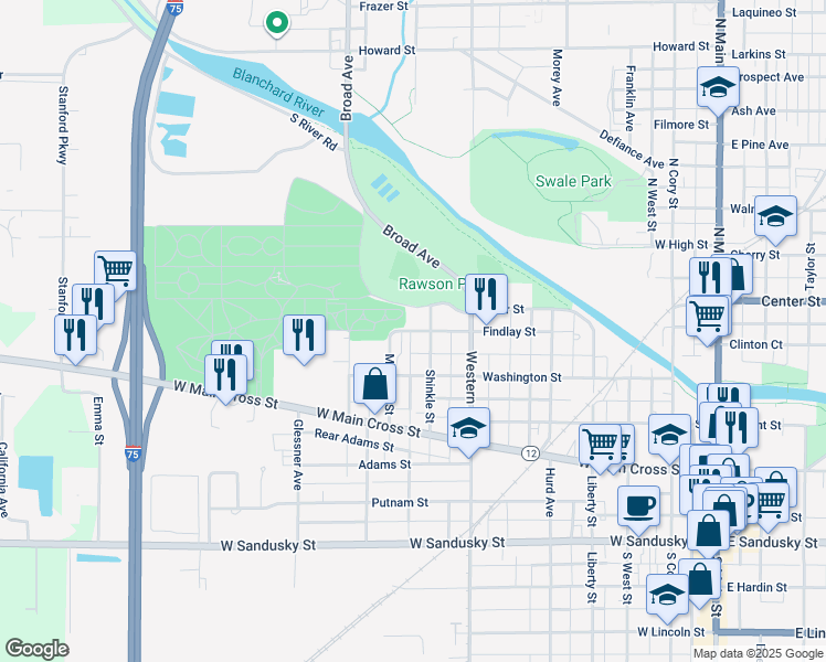 map of restaurants, bars, coffee shops, grocery stores, and more near 815 Findlay St in Findlay
