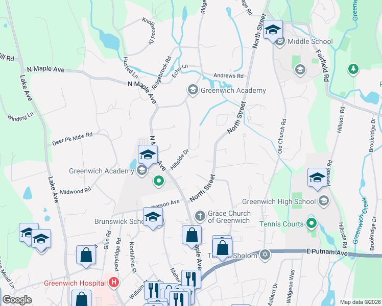 map of restaurants, bars, coffee shops, grocery stores, and more near 49 Hillside Drive in Greenwich