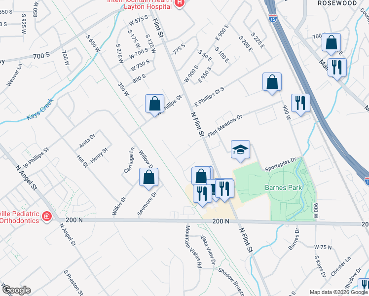 map of restaurants, bars, coffee shops, grocery stores, and more near 1468 Flint Meadow Drive in Kaysville