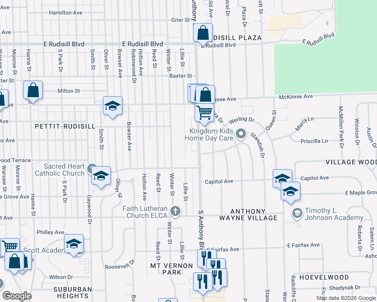 map of restaurants, bars, coffee shops, grocery stores, and more near 4519 Lillie Street in Fort Wayne