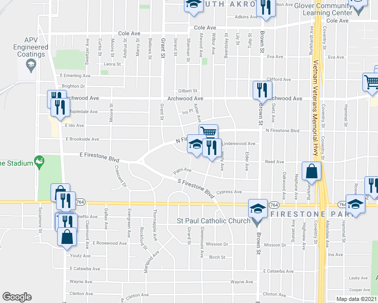 map of restaurants, bars, coffee shops, grocery stores, and more near 300 Lindenwood Avenue in Akron