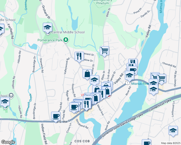map of restaurants, bars, coffee shops, grocery stores, and more near 5 Grove Street in Greenwich