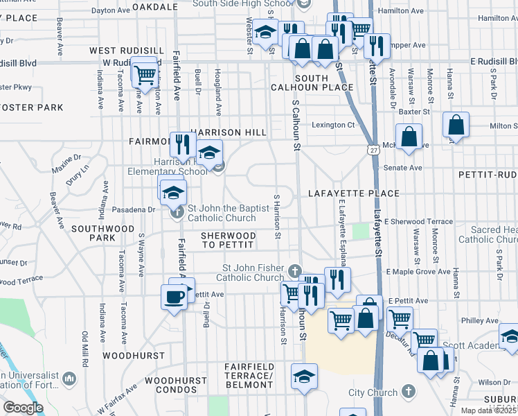 map of restaurants, bars, coffee shops, grocery stores, and more near 232 South Cornell Circle in Fort Wayne