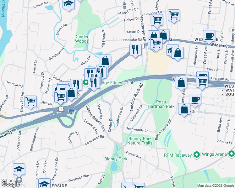 map of restaurants, bars, coffee shops, grocery stores, and more near 54 Center Drive in Greenwich