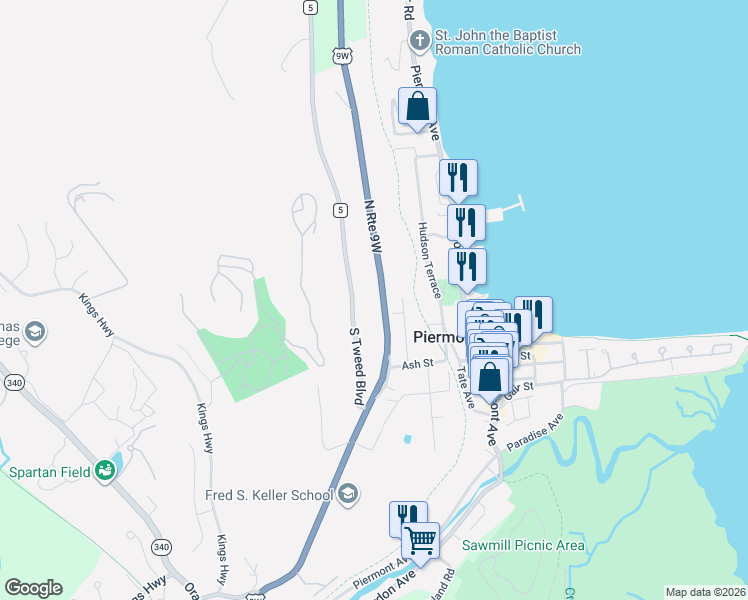 map of restaurants, bars, coffee shops, grocery stores, and more near 664 Route 9W in Nyack