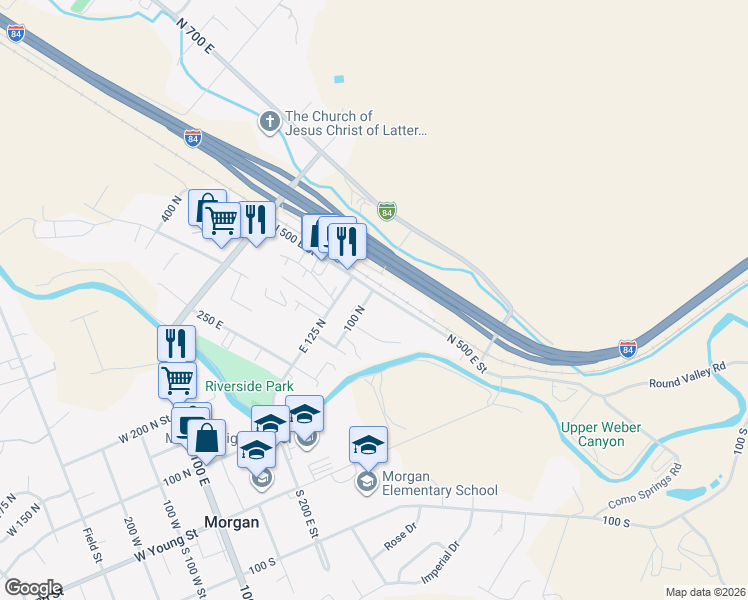map of restaurants, bars, coffee shops, grocery stores, and more near 87 500 East in Morgan