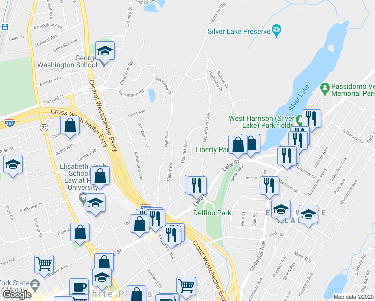 map of restaurants, bars, coffee shops, grocery stores, and more near 12 Upland Terrace in White Plains