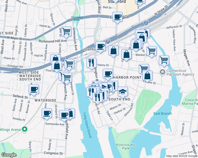 map of restaurants, bars, coffee shops, grocery stores, and more near 233 Washington Boulevard in Stamford