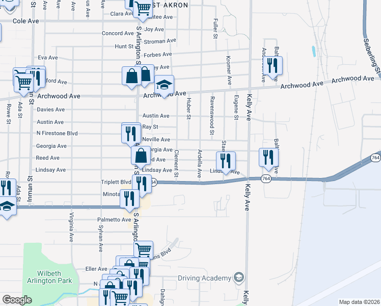 map of restaurants, bars, coffee shops, grocery stores, and more near 1114 Georgia Avenue in Akron