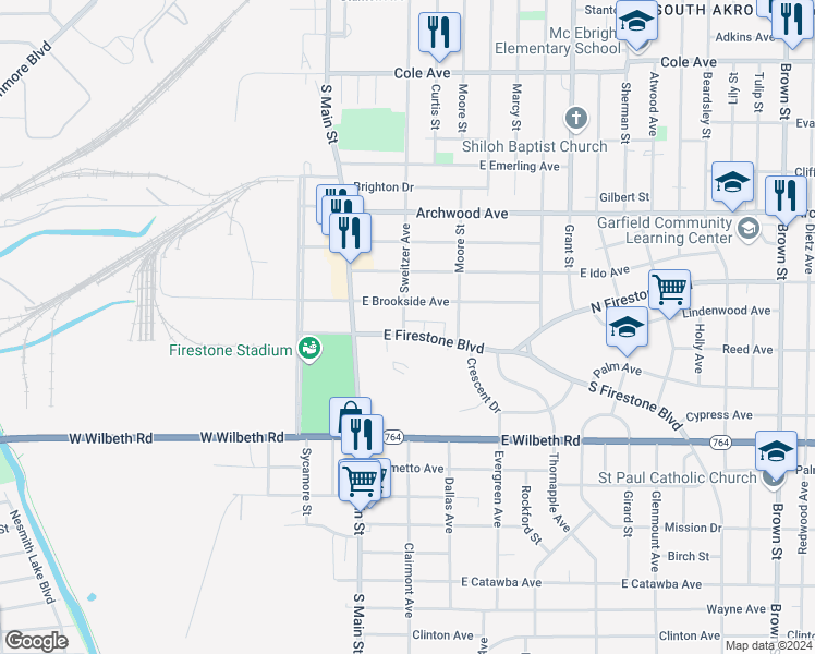 map of restaurants, bars, coffee shops, grocery stores, and more near 63 Sweitzer Avenue in Akron
