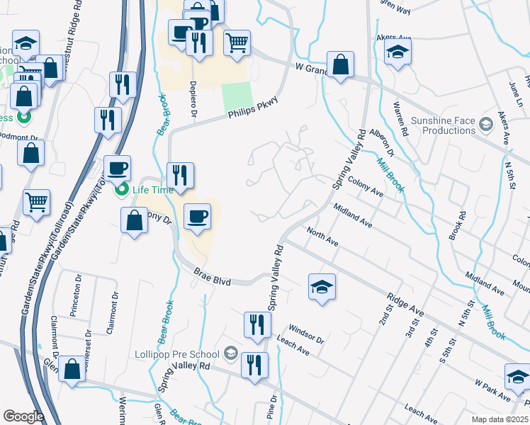 map of restaurants, bars, coffee shops, grocery stores, and more near 212 Bearwoods Road in Park Ridge