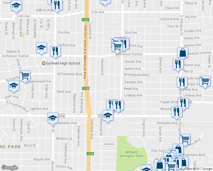 map of restaurants, bars, coffee shops, grocery stores, and more near 679 Reed Avenue in Akron