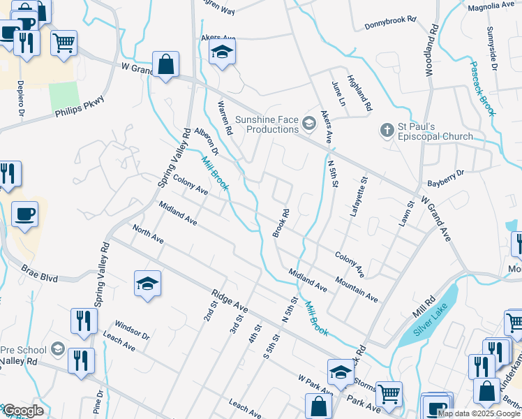 map of restaurants, bars, coffee shops, grocery stores, and more near 116 Colony Avenue in Park Ridge