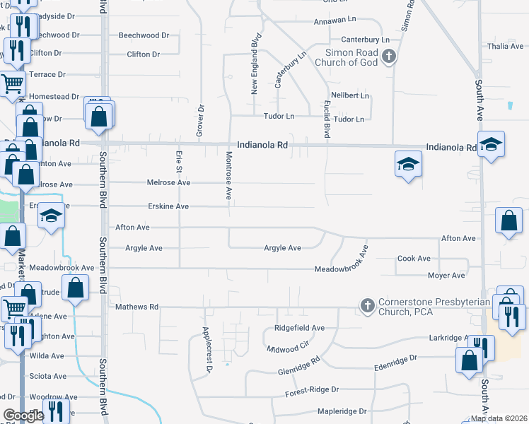 map of restaurants, bars, coffee shops, grocery stores, and more near 368 Afton Avenue in Youngstown