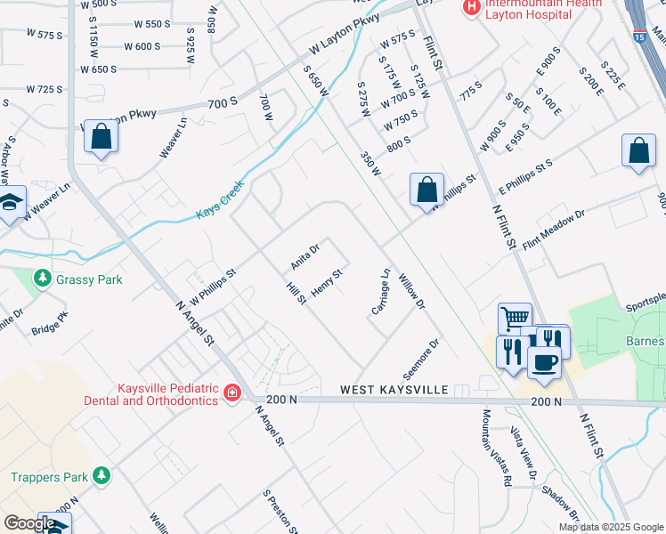 map of restaurants, bars, coffee shops, grocery stores, and more near 527 Henry Street in Kaysville