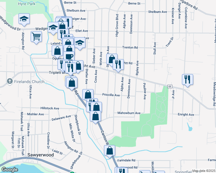 map of restaurants, bars, coffee shops, grocery stores, and more near 577 Stevenson Avenue in Akron