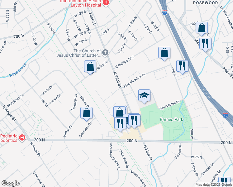 map of restaurants, bars, coffee shops, grocery stores, and more near 1451 Flint Meadow Drive in Kaysville