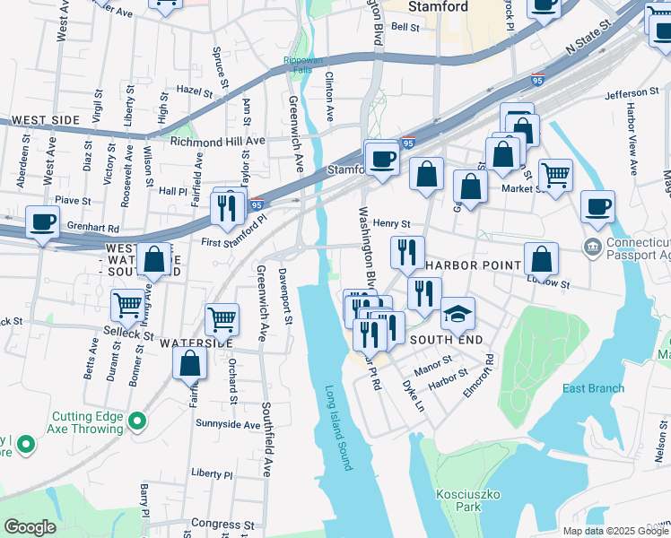 map of restaurants, bars, coffee shops, grocery stores, and more near 27 Berkeley Street in Stamford