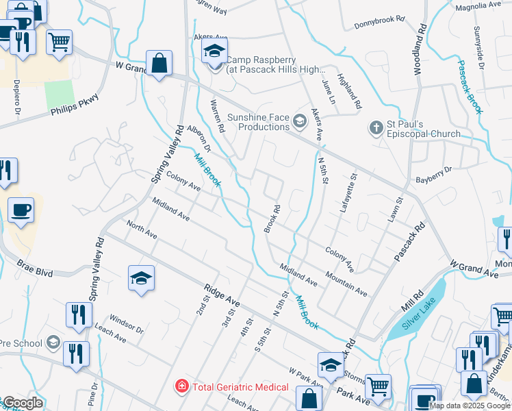 map of restaurants, bars, coffee shops, grocery stores, and more near 116 Colony Avenue in Park Ridge