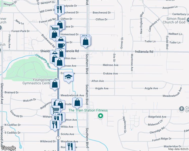 map of restaurants, bars, coffee shops, grocery stores, and more near 120 Afton Avenue in Youngstown
