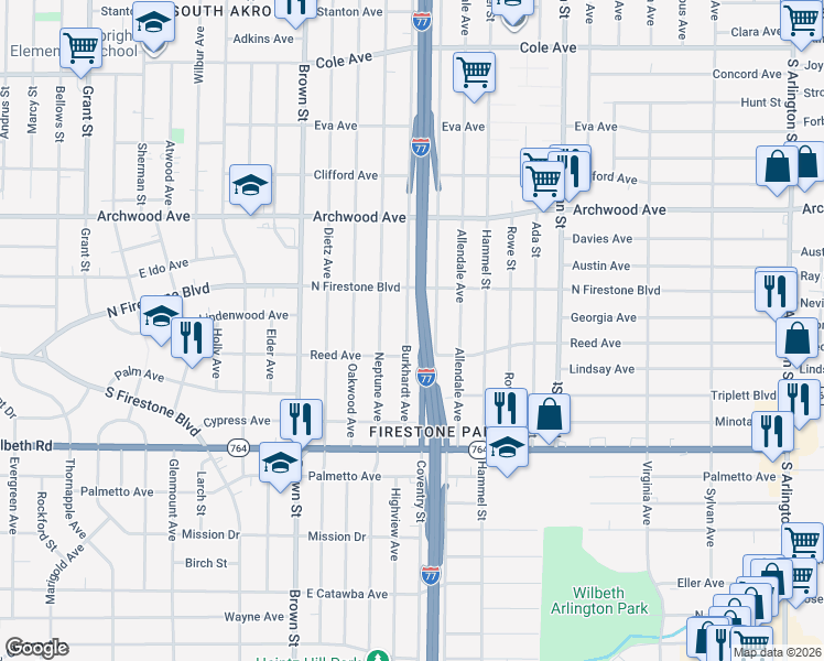 map of restaurants, bars, coffee shops, grocery stores, and more near 1395 Burkhardt Avenue in Akron