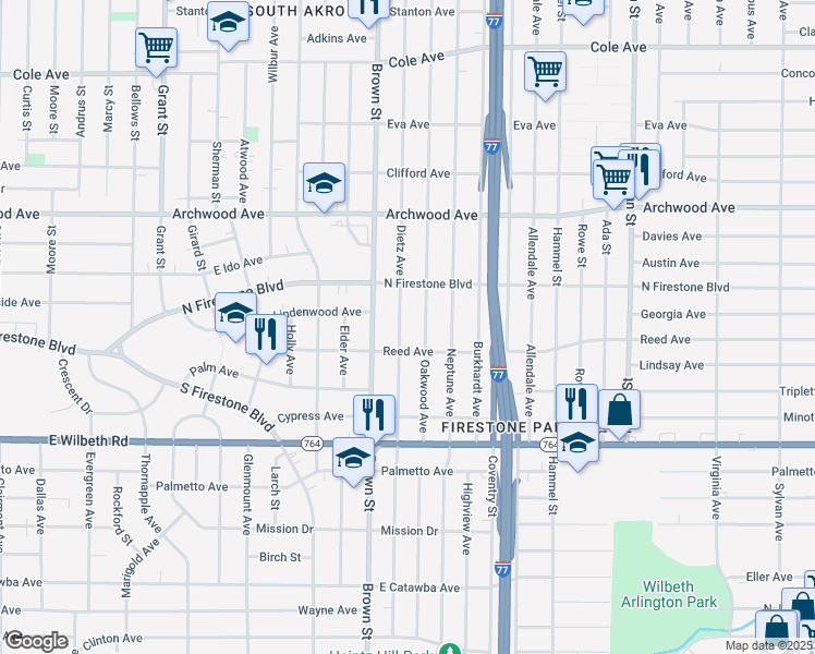 map of restaurants, bars, coffee shops, grocery stores, and more near 1412 Herberich Avenue in Akron